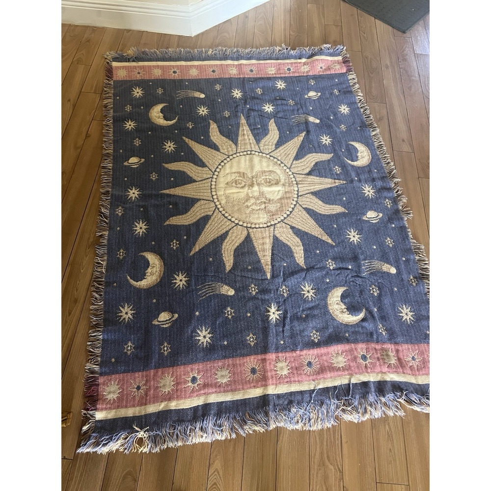 VINTAGE 1990's Sun Moon Stars CELESTIAL Blue Gold 46X68 TAPESTRY Throw Blanket